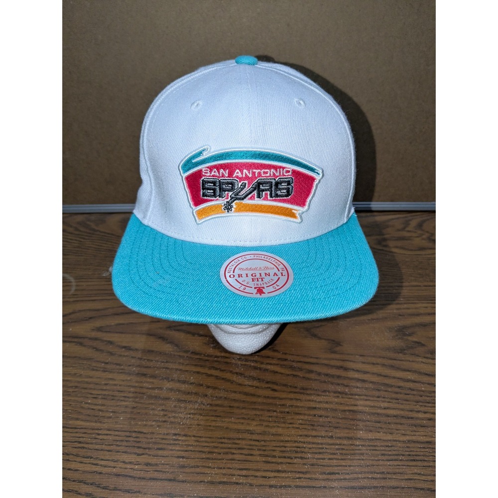 Mitchell & Ness San Antonio Spurs Snapback Hat White Teal Fiesta Logo NBA Cap